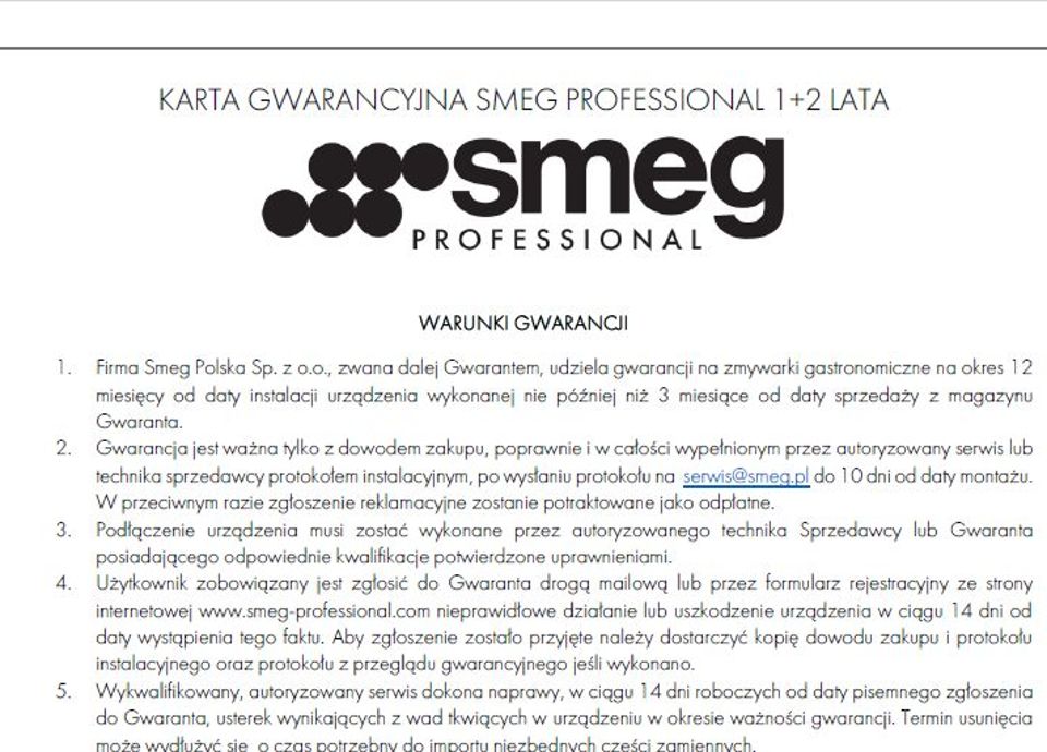 KARTA GWARANCYJNA SMEG PROFESSIONAL