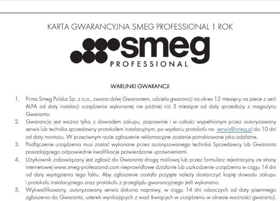 KARTA GWARANCYJNA SMEG PROFESSIONAL