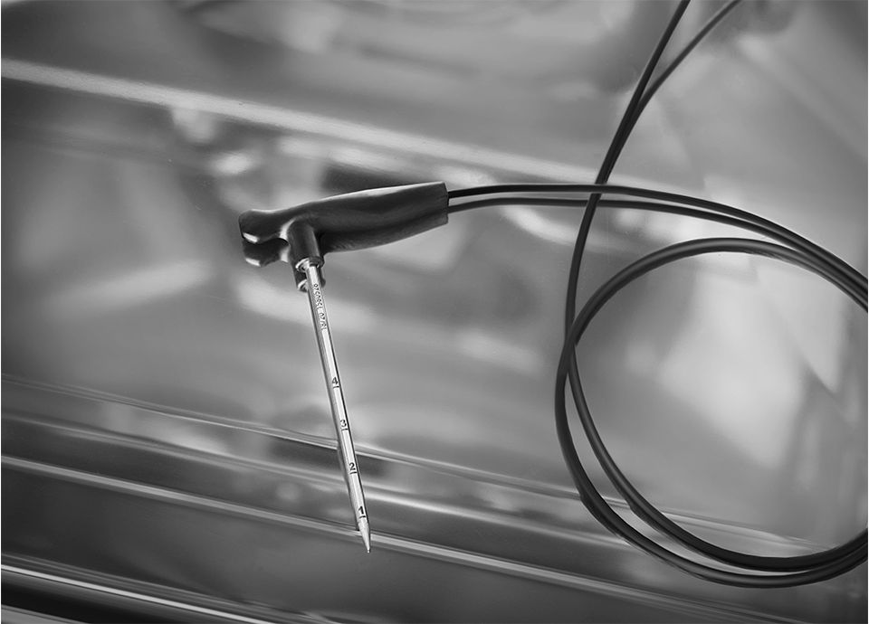 Close-up of multi-point heart probe with four temperature sensors, used for precise internal temperature monitoring during cooking