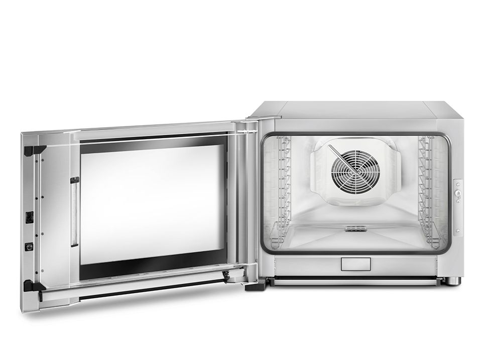 Oven with open door showcasing Thermofunnel cavity with parabolic base and deflector for optimized air circulation