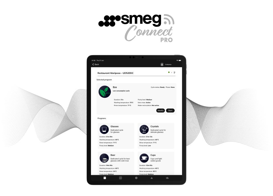 Tablet displaying the SmegConnect PRO app interface with various washing programs visible.