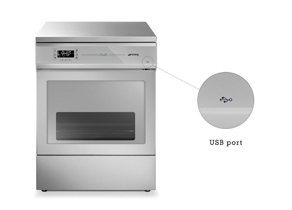 A front view of a silver glassware washer, with a magnified inset showing a USB port on its top right side