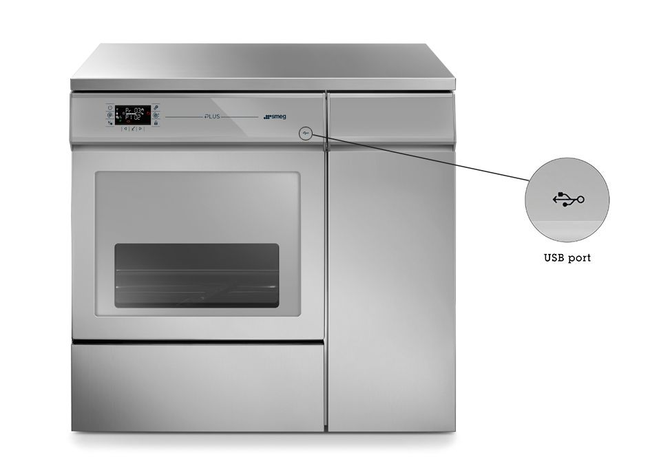 A front view of a silver glassware washer, with a magnified inset showing a USB port on its top right side