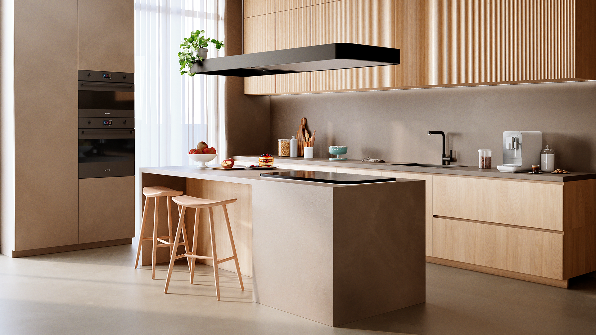 warm wood kitchen with matte black ovens and isola cooktop
