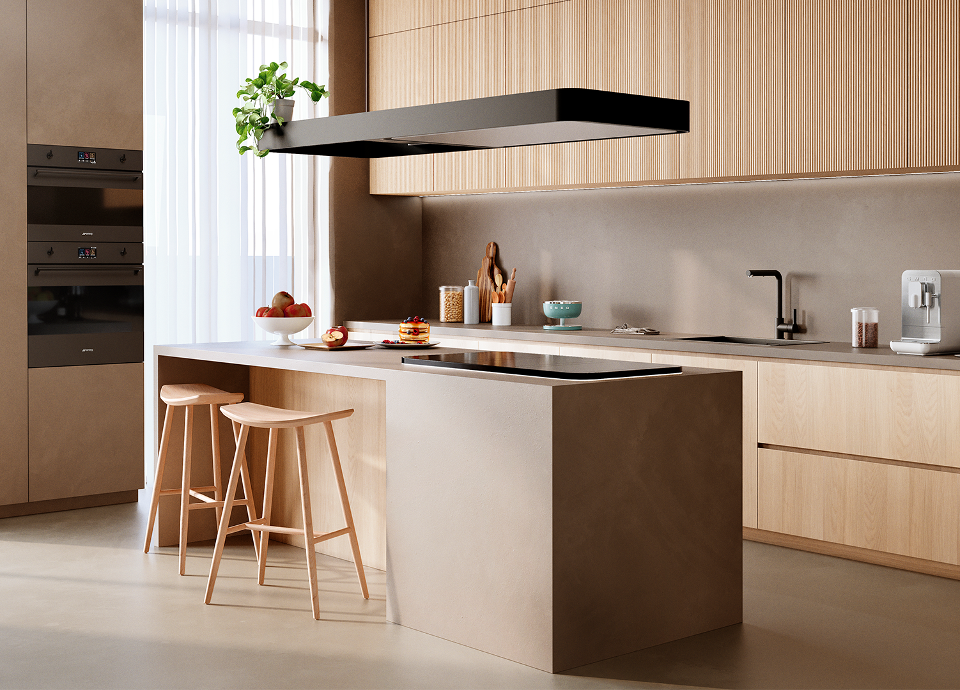 Kitchen with Isola cooktop and matte black classic ovens with modern simple cabinetry in neutral tones
