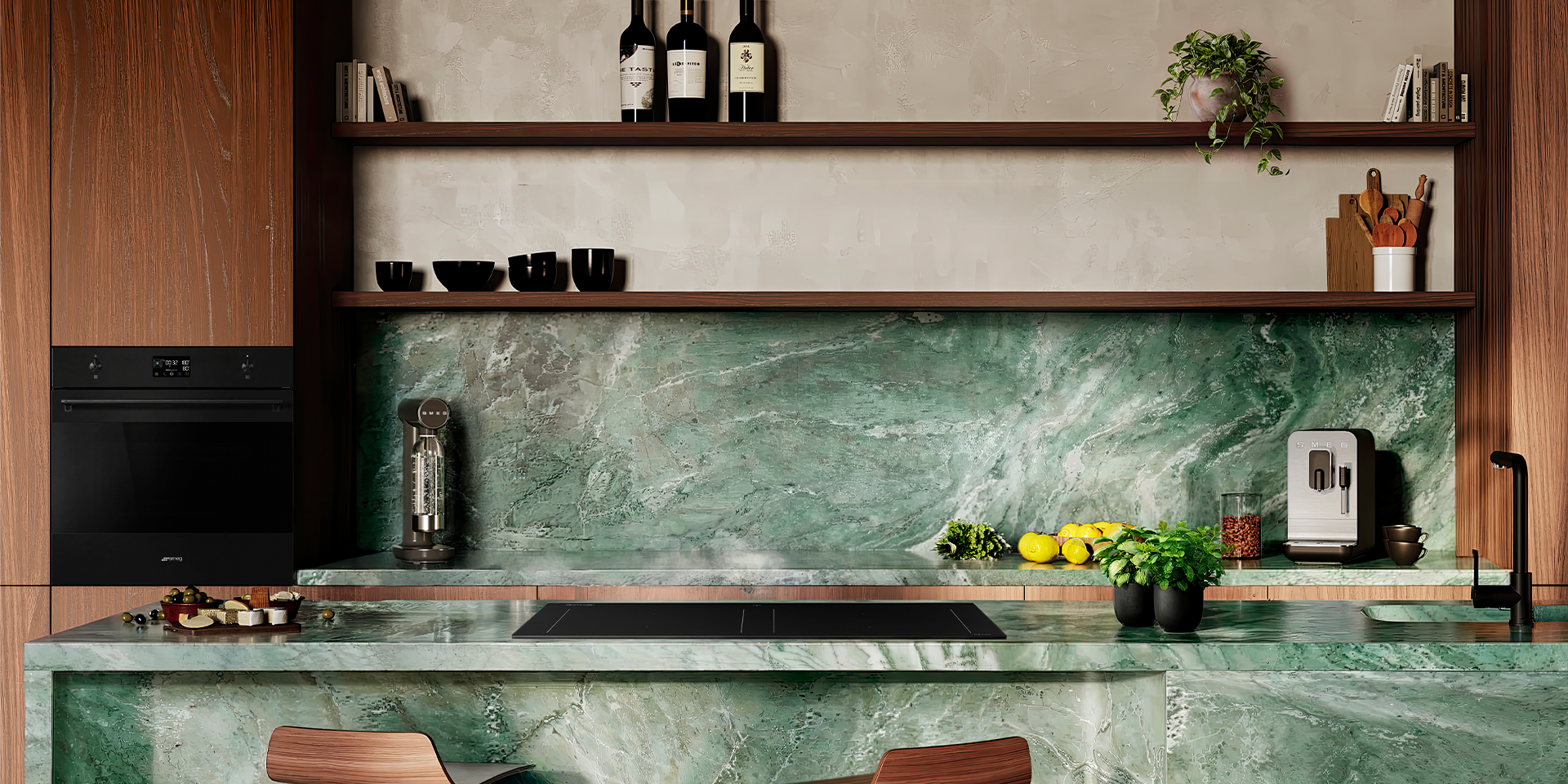 Green kitchen filled with matte black appliances and dark wood cabinetry