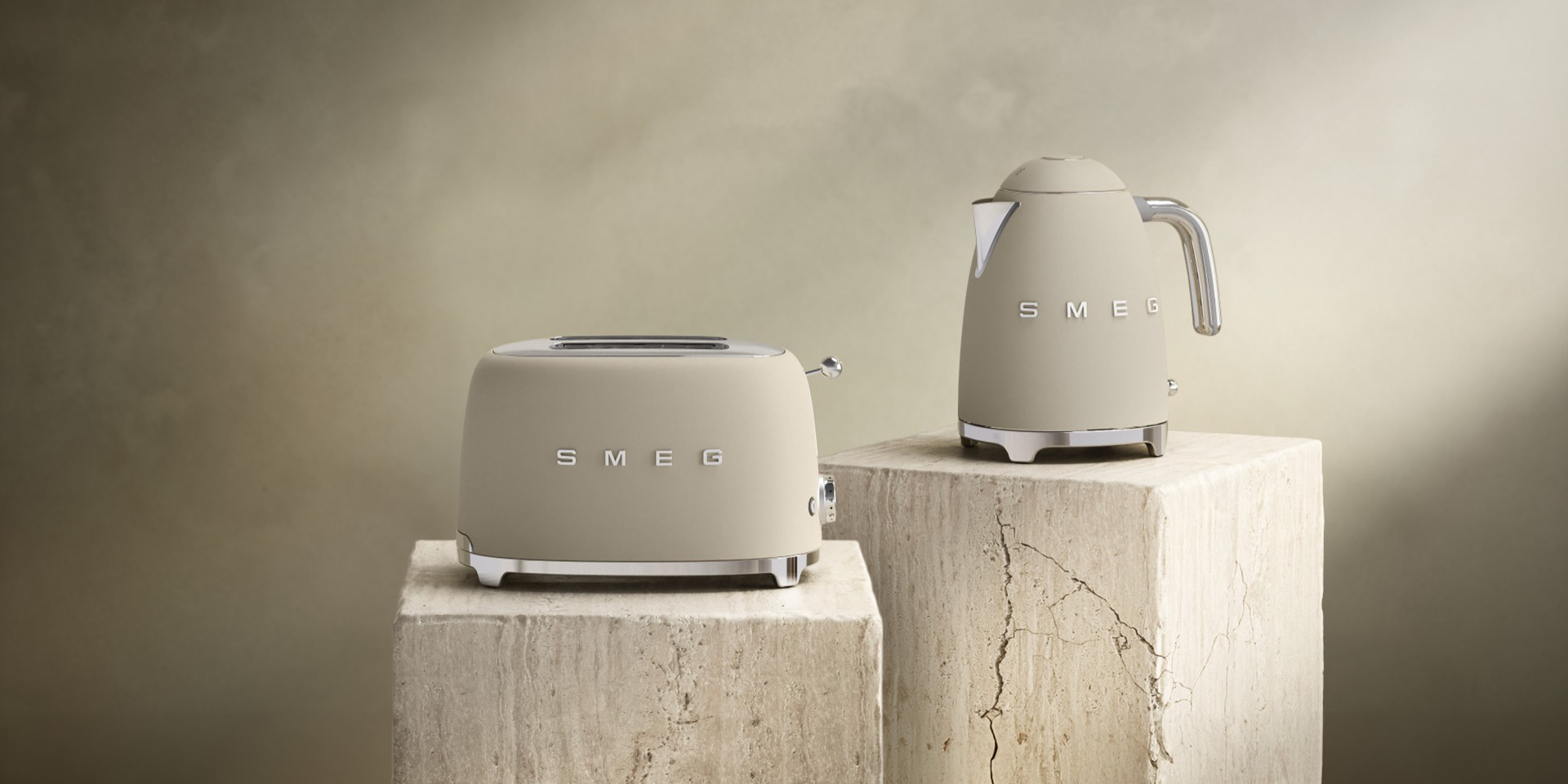 KLF03 and TSF01 Moonlight on plinths with a moody, sandy background