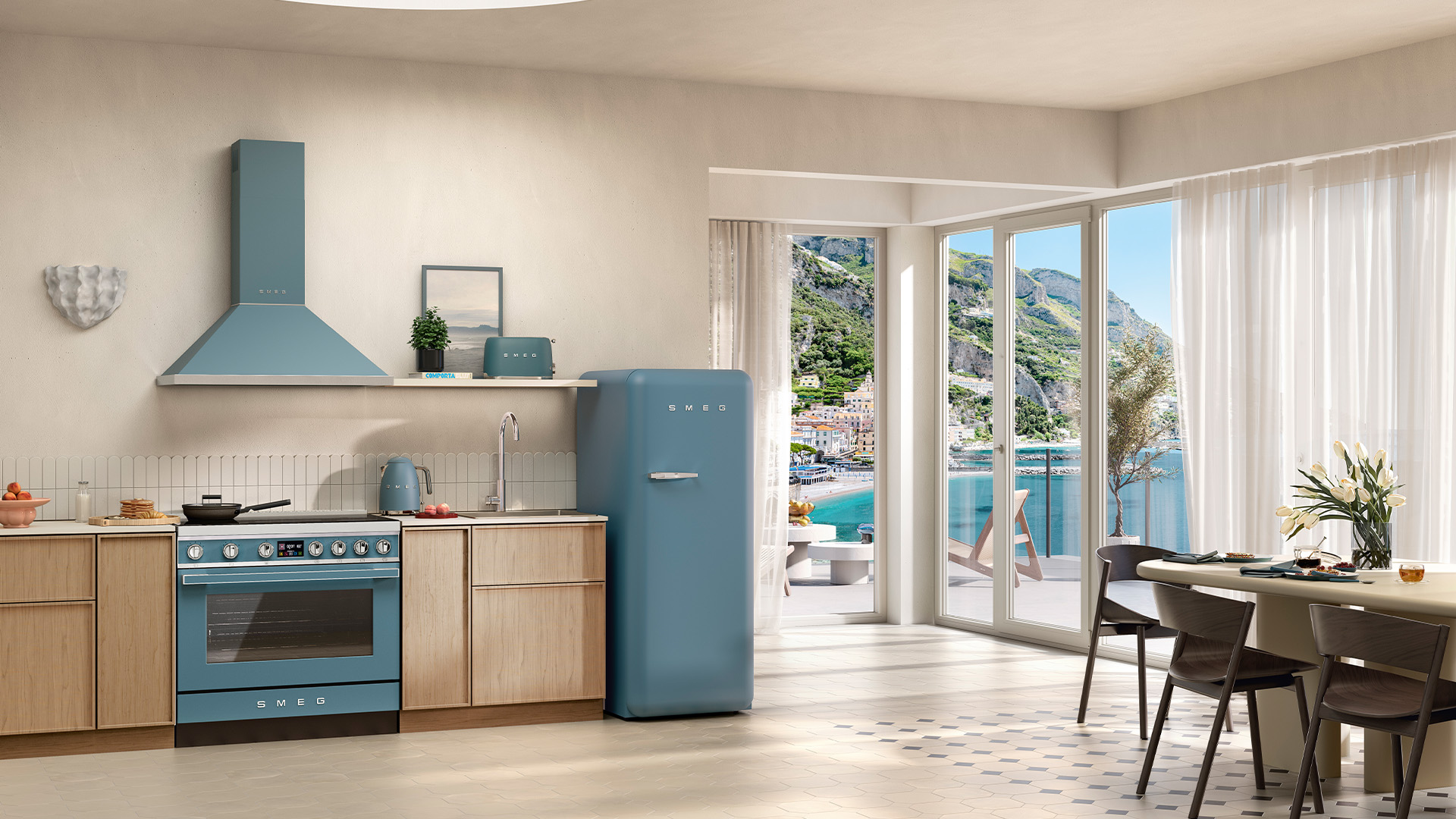 Storm Blue with matte finish with a background of Portofino out the window. Modern light oak kitchen joinery