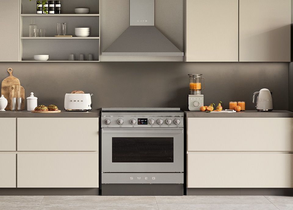 Modern cream kitchen with stainless steel appliances