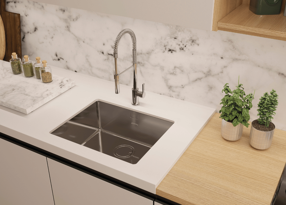 Évier inox Smeg dans une cuisine contemporaine