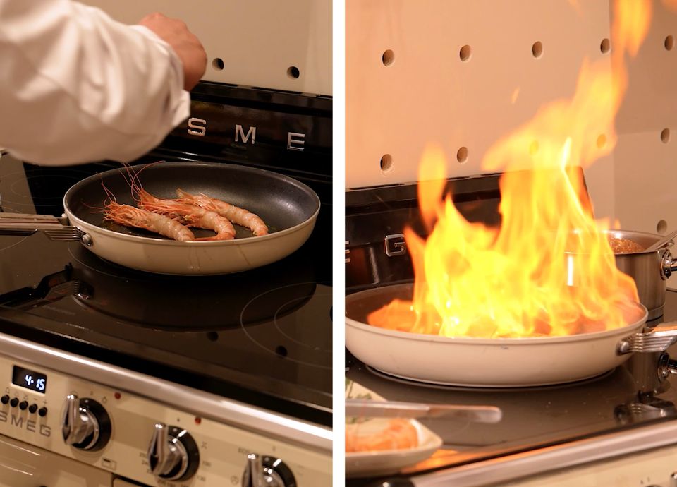 Gambas snackées, sauce arrabbiata et légumes ensoleillés par Denny Imbroisi