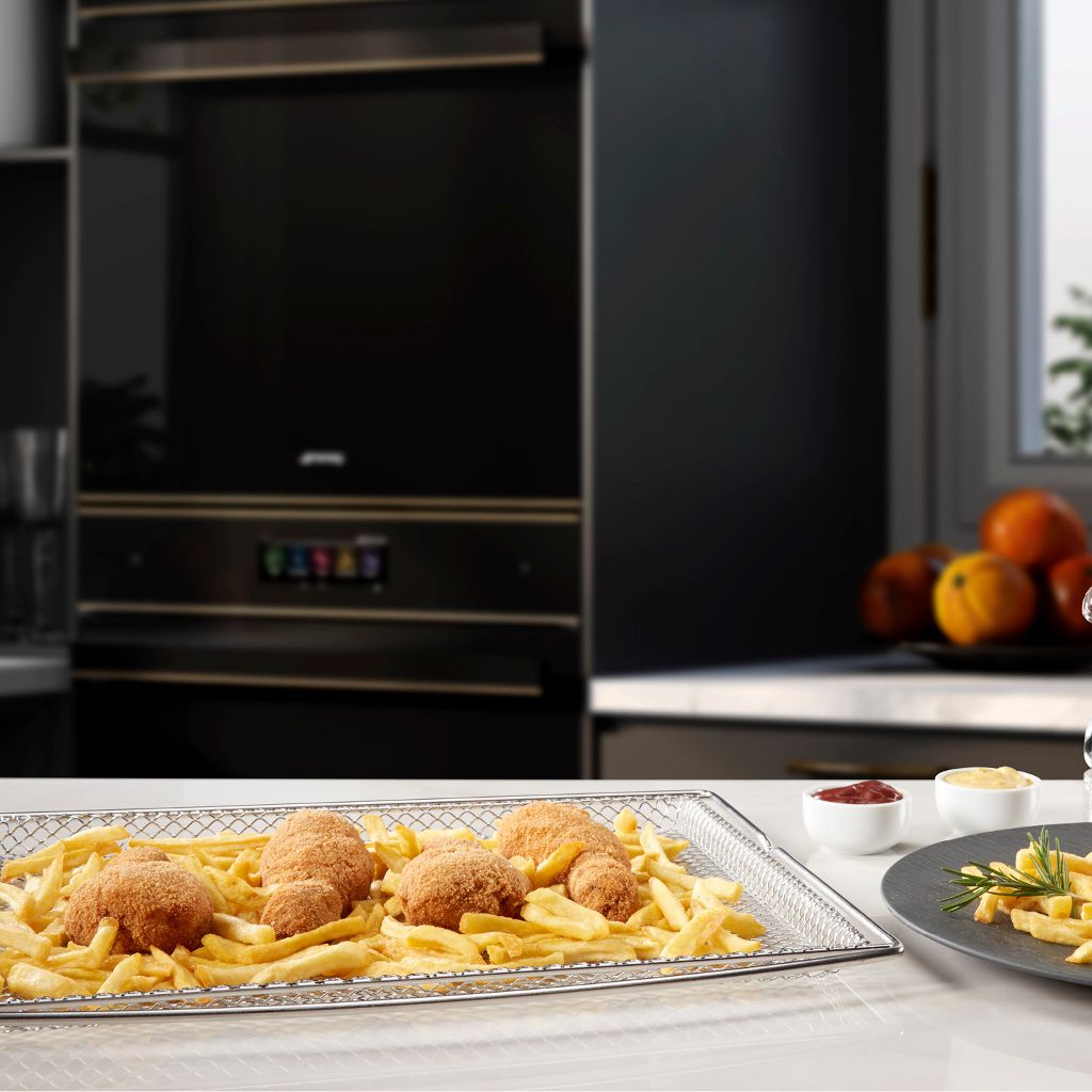 Smeg airfry oven accessory in kitchen with dolce still novo oven.