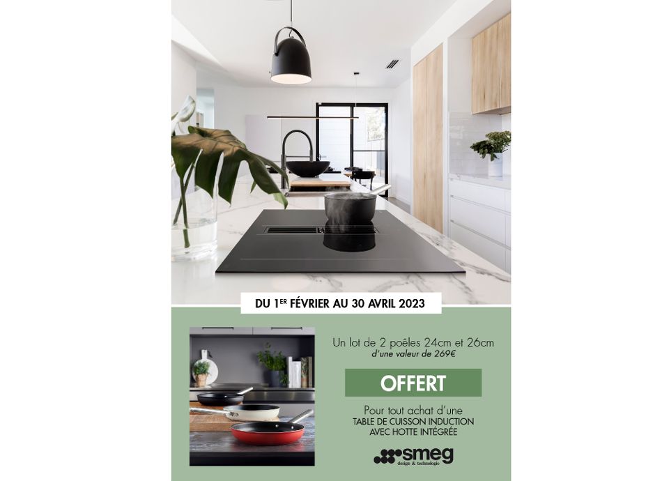 Un lot de 2 poêles offert pour tout achat d’une table de cuisson induction avec hotte intégrée| Smeg France