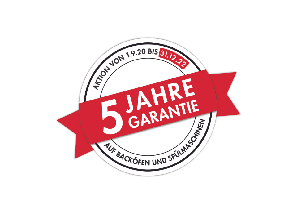 5 Jahre Garantie auf alle Geschirrspüler und 60 und 90 cm breite Einbaubacköfen.