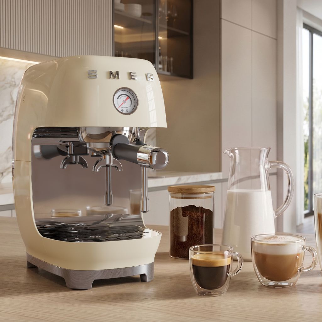 Cream coloured Smeg Cold Brew Espresso coffee Machine with the iconic retro design