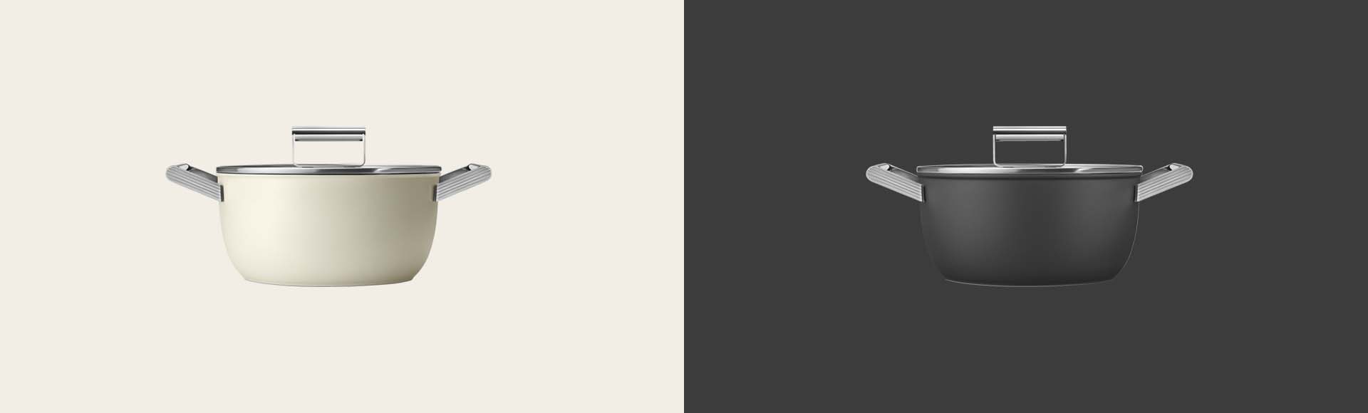 Una composición gráfica que muestra tres cazos. Los colores de los cazos son, de izquierda a derecha, negro, crema y verde esmeralda.