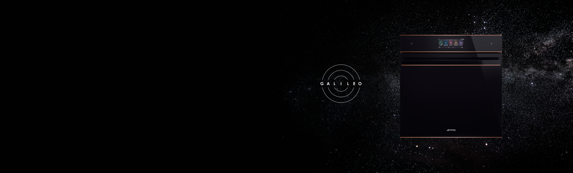 SMEG Galileo multicooking oven with sleek black glass design set against a galaxy-inspired background.