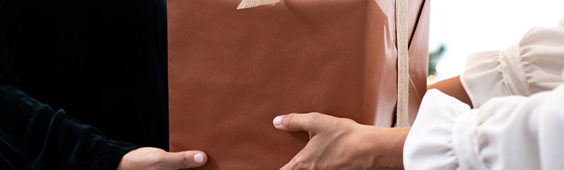 Two people exchange a large rectangular gift wrapped in brown paper and tied with a beige ribbon. A Christmas tree with warm lights is visible in the background.