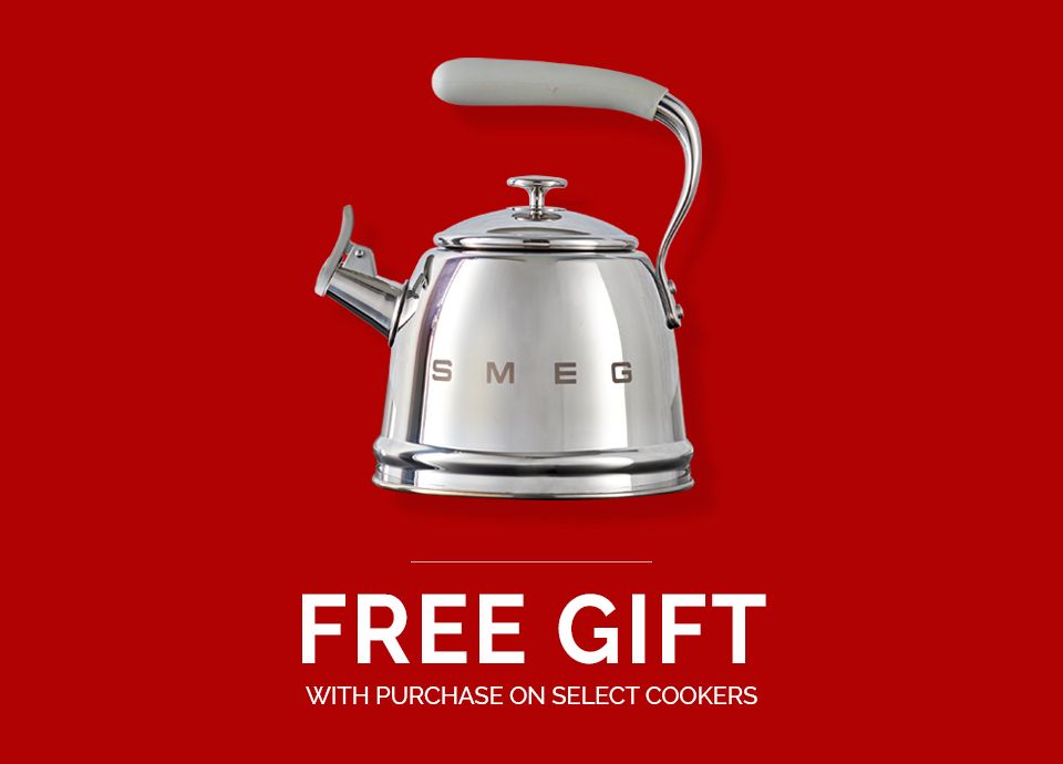 Receive a complimentary Smeg Whistling Kettle to the value of R2499,00, free with your purchase on qualifying Smeg cookers.