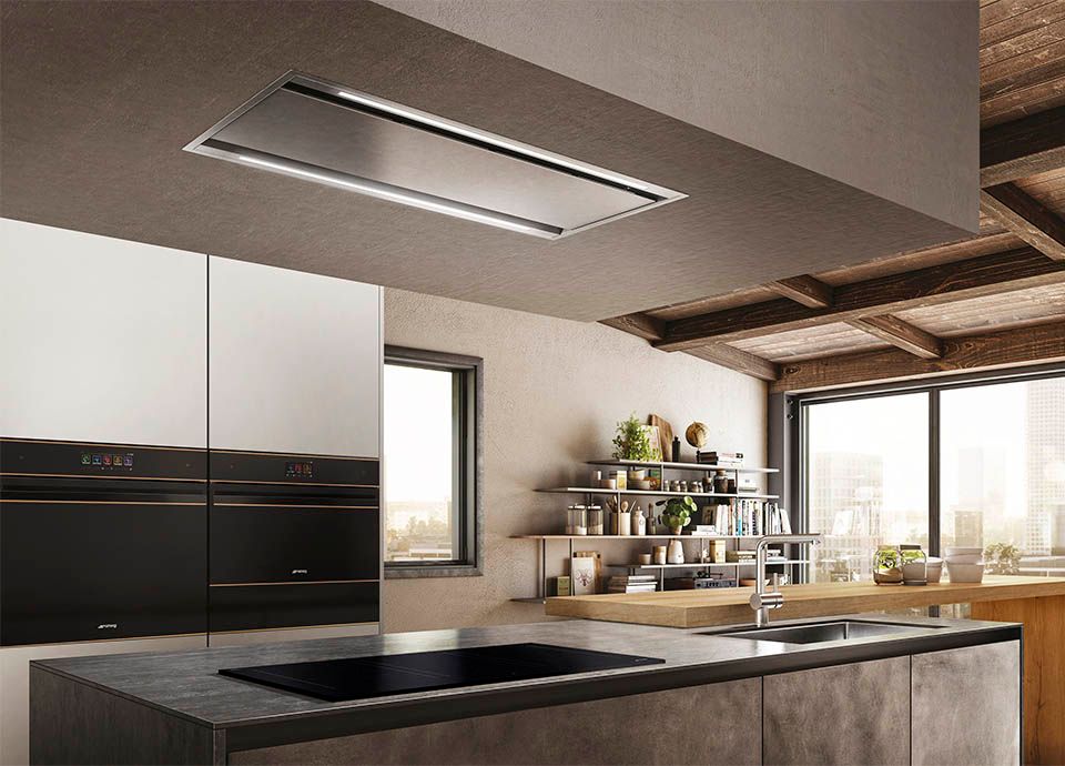 Smeg stainless steel ceiling hood in kitchen