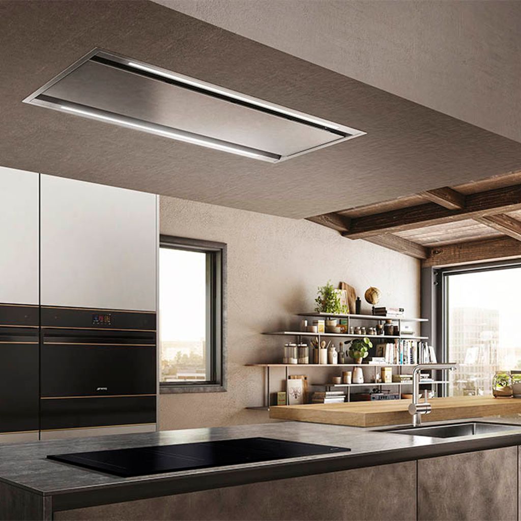 Smeg stainless steel ceiling hood in kitchen