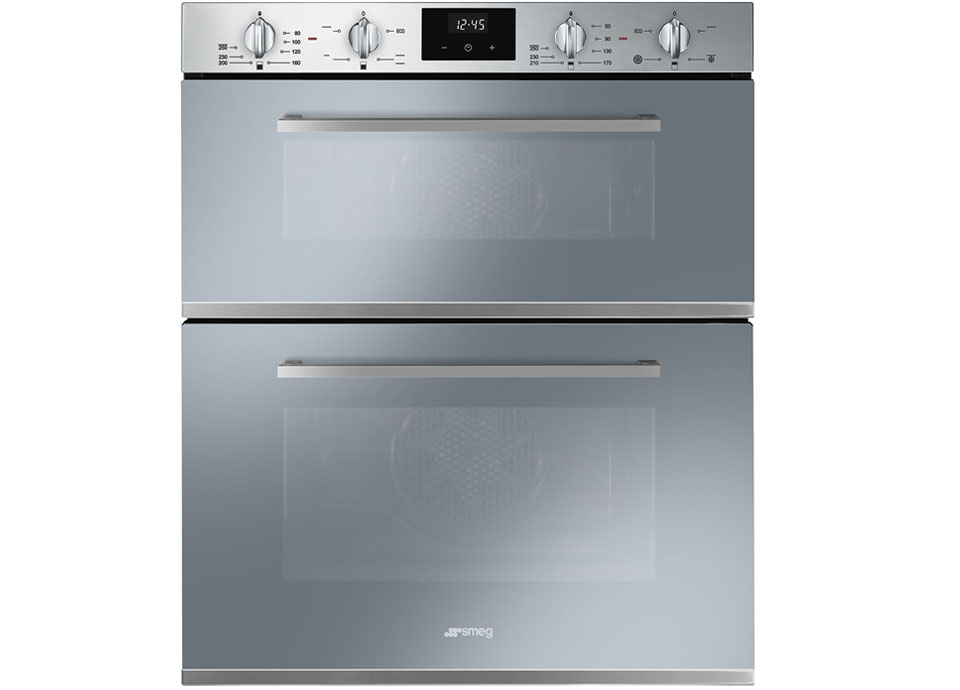 A built-under double oven with standard size lower oven, and smaller upper oven.