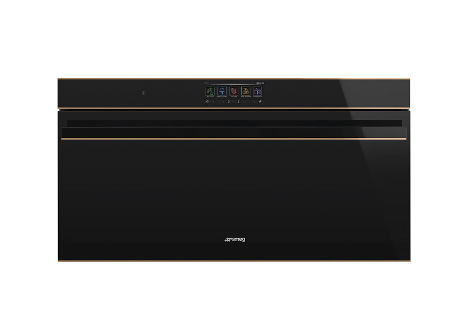 An extra-wide, 90cm built-in oven in black with sleek design and digital controls.