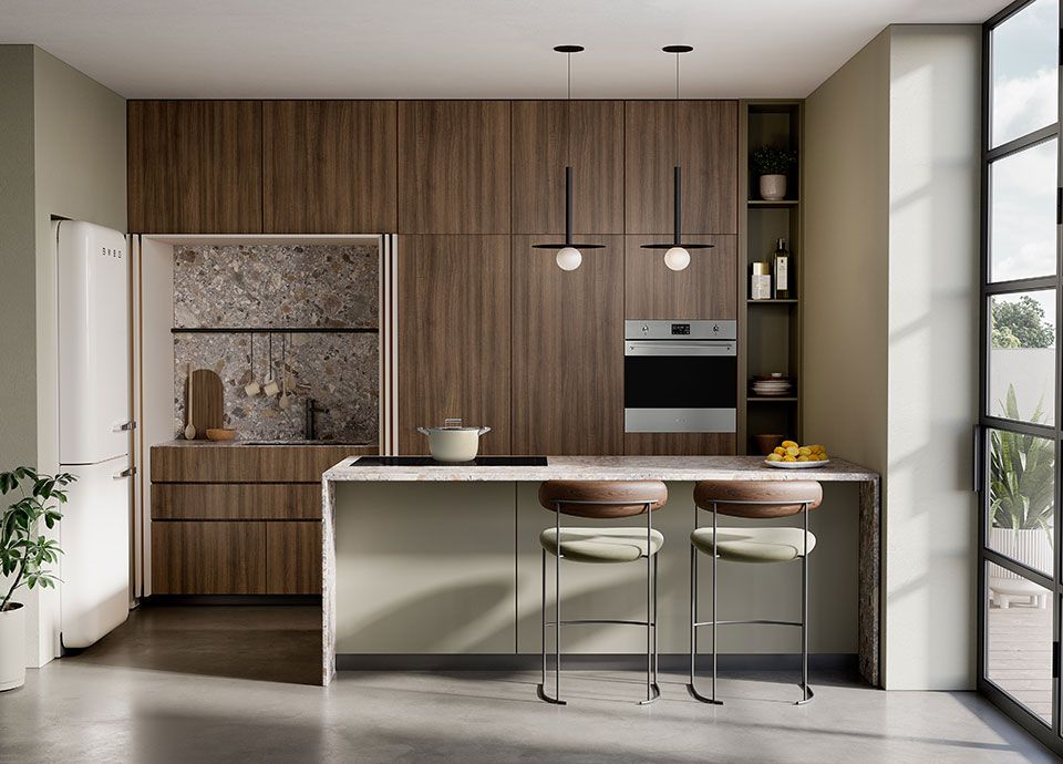 A contemporary kitchen featuring one of Smeg's built-in single ovens (stainless steel) integrated within dark wood floor-to-ceiling kitchen cabinets