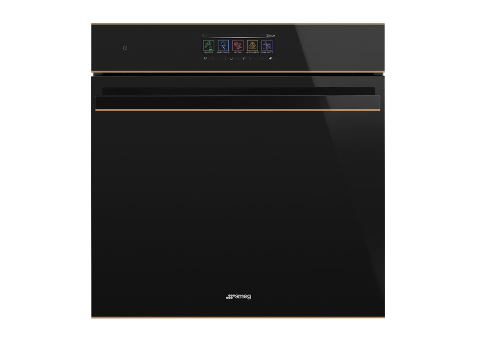 A black, built-in single oven with digital display and a simple, sleek surface design