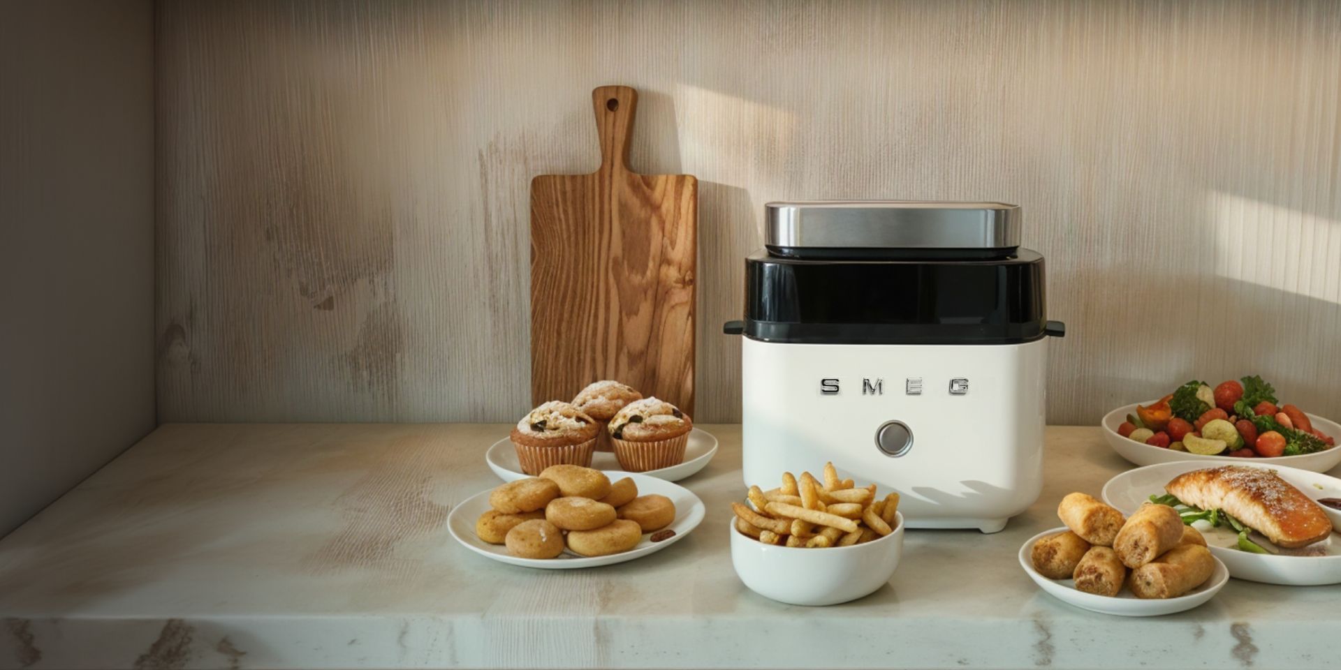 SMEG Air Fryer with a selection of cooked dishes