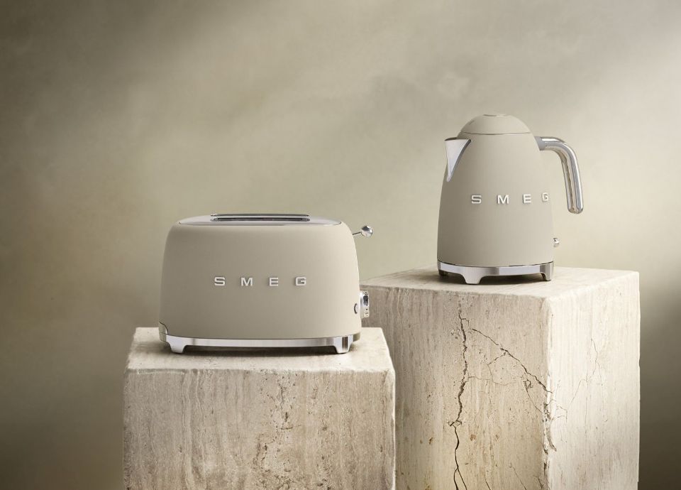 Matte Moonlight toaster and kettle displayed on pale stone blocks against a soft neutral background