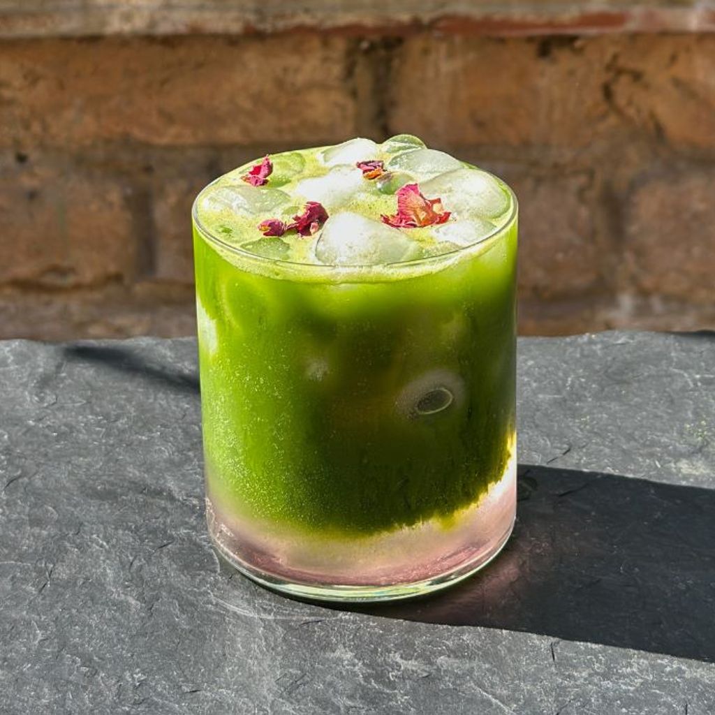 Glass of freshly made matcha green tea