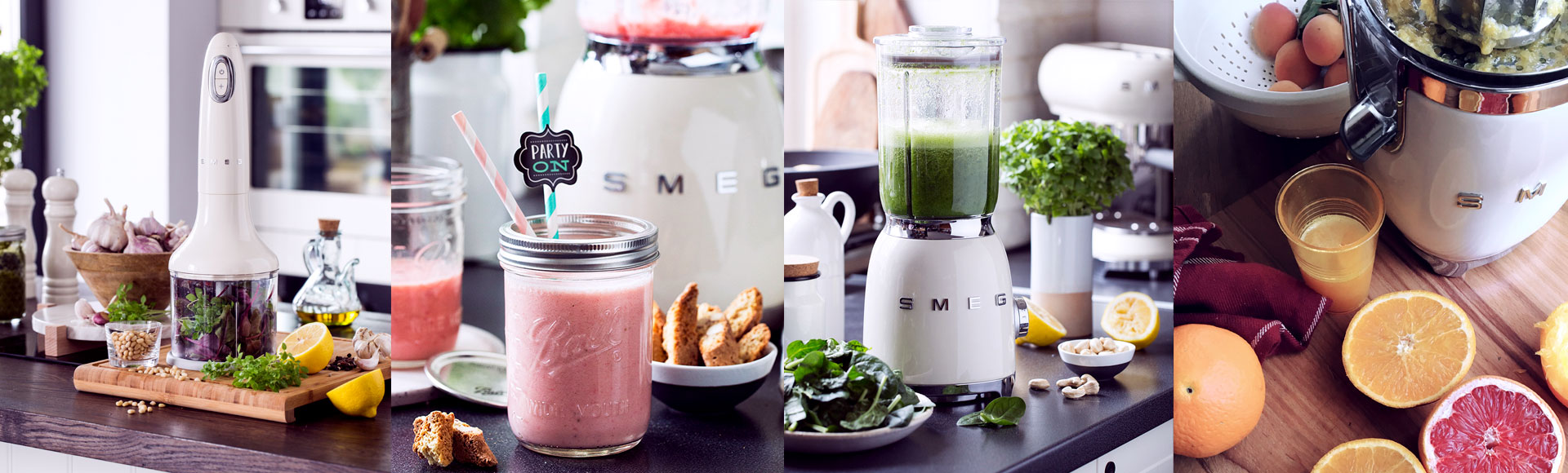 Selection of green cooking Smeg appliances. Jug blender, hand blender and citrus juicer