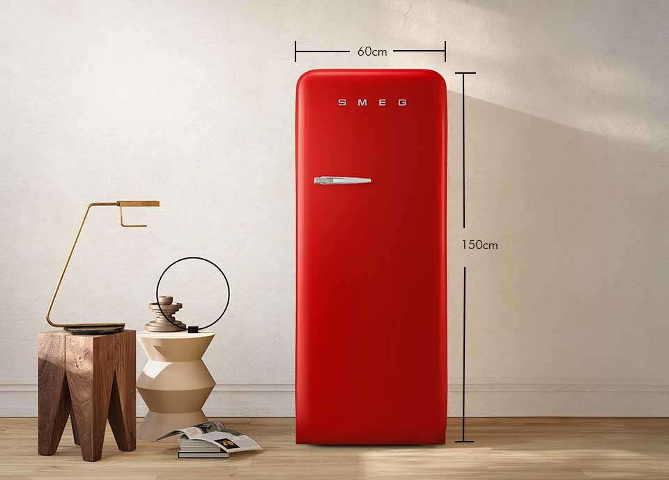 A red freestanding fridge in Smeg's iconic retro 50's design, with illustrated lines showing a width of 60cm, and a height of 150cm