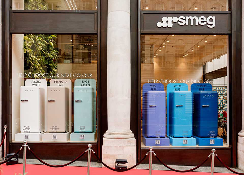 FAB fridge new matte colorways in Smeg London store window