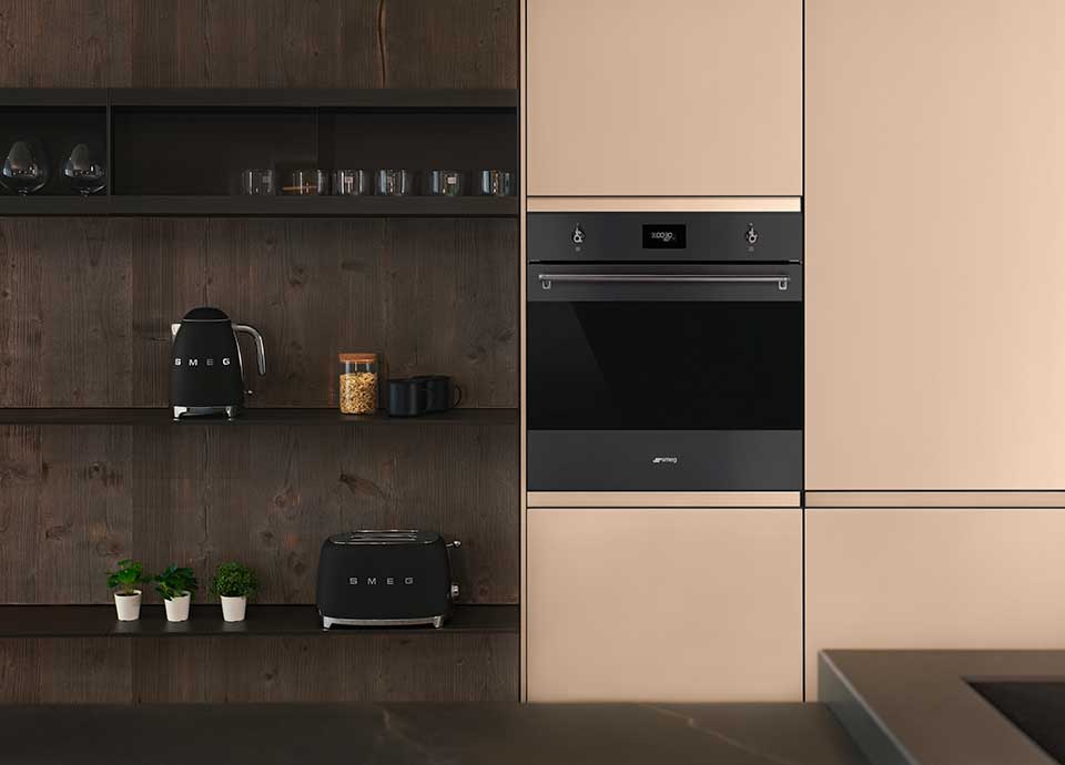 Smeg matte black single oven, kettle and toaster