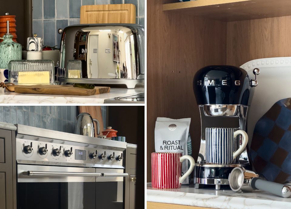 Collage including a Smeg toaster, cooker and espresso coffee machine