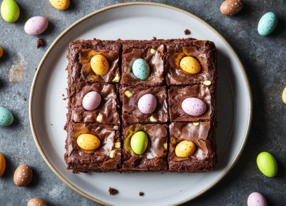 Chocolate brownies topped with crushed Mini Eggs, baked in a square tin and sliced into portions