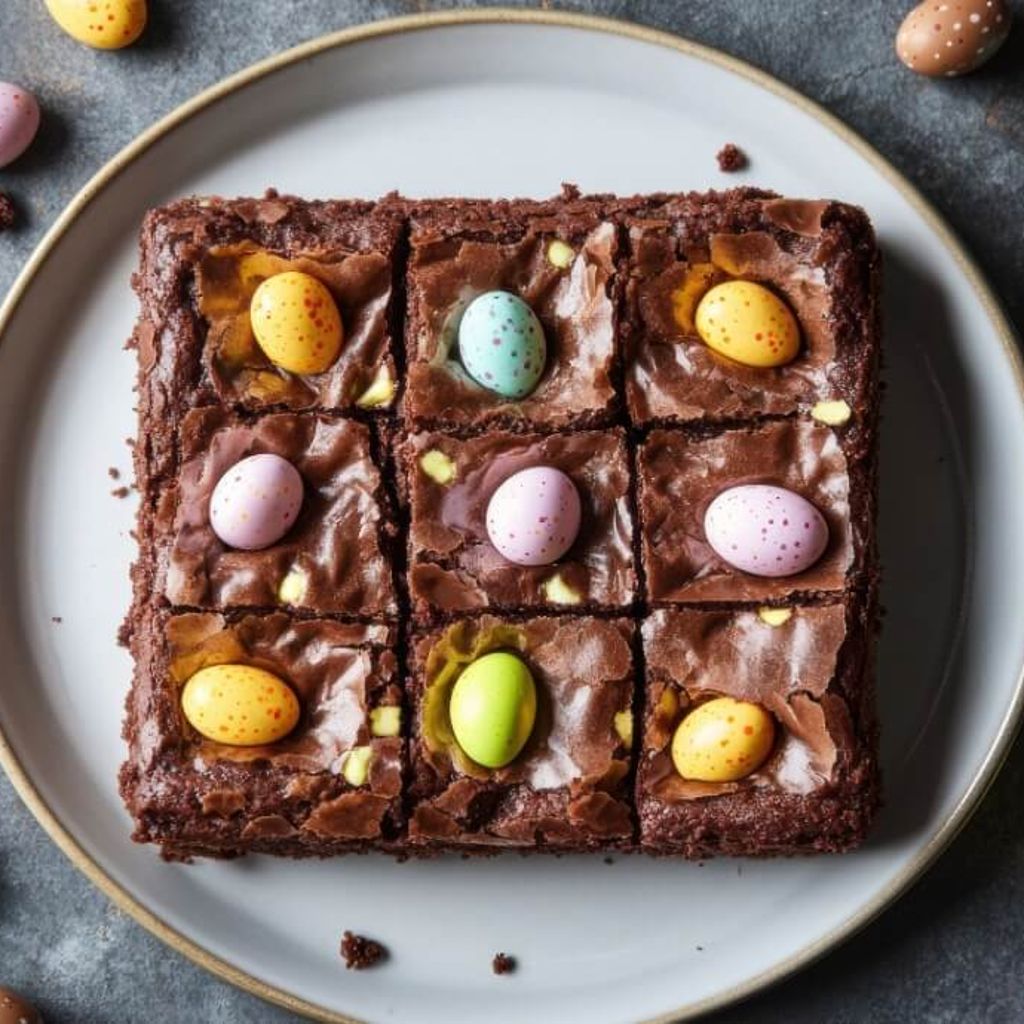 Chocolate brownies topped with crushed Mini Eggs, baked in a square tin and sliced into portions