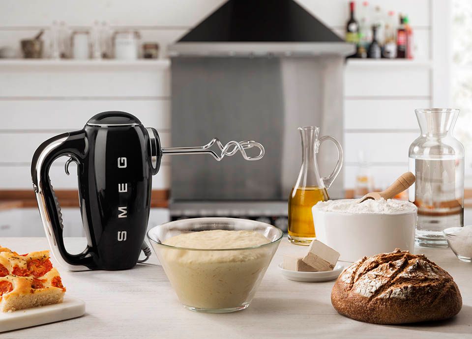 Smeg hand mixer with bread and ingredients