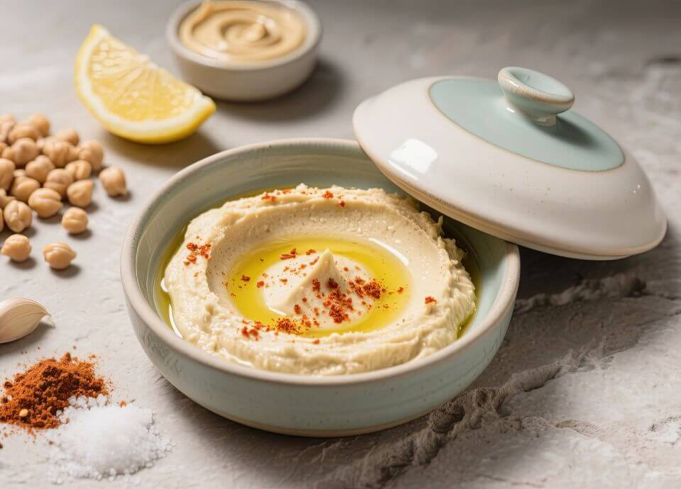 Creamy hummus topped with olive oil, served in a ceramic bowl with lid on a stone surface