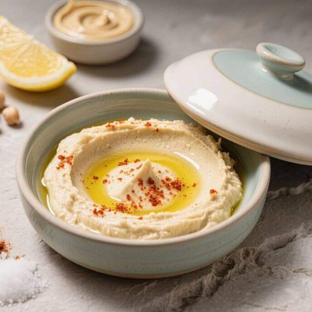 Creamy hummus topped with olive oil, served in a ceramic bowl with lid on a stone surface