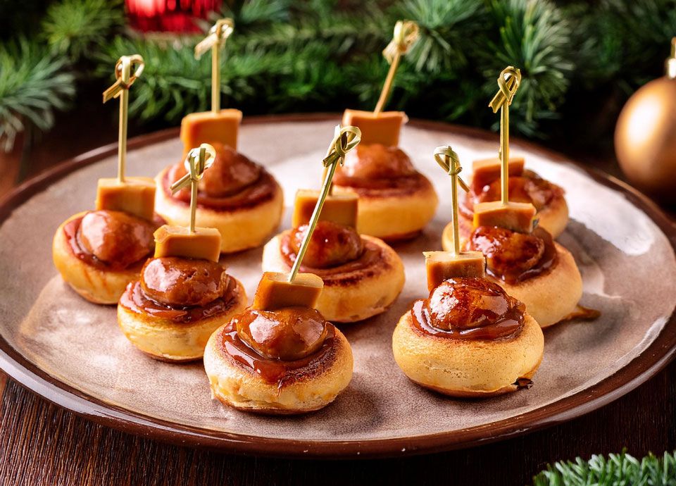 Mustard and Maple glazed Sausage Blinis