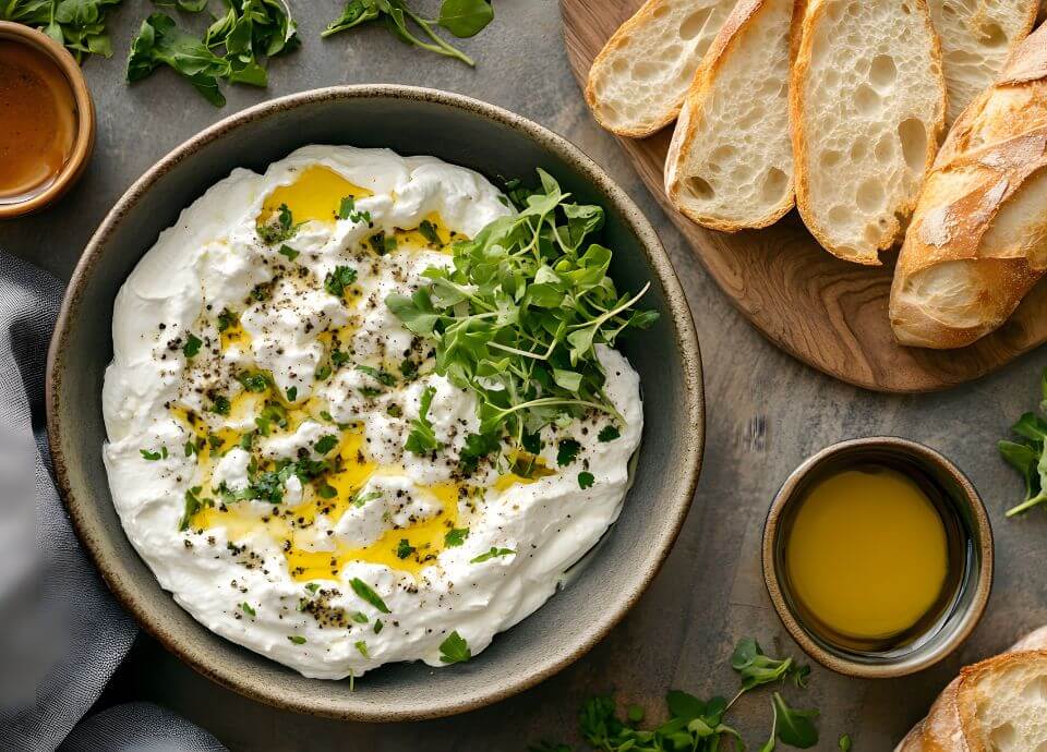 Whipped feta topped with olive oil and herbs, served in a ceramic bowl with fresh bread on the side