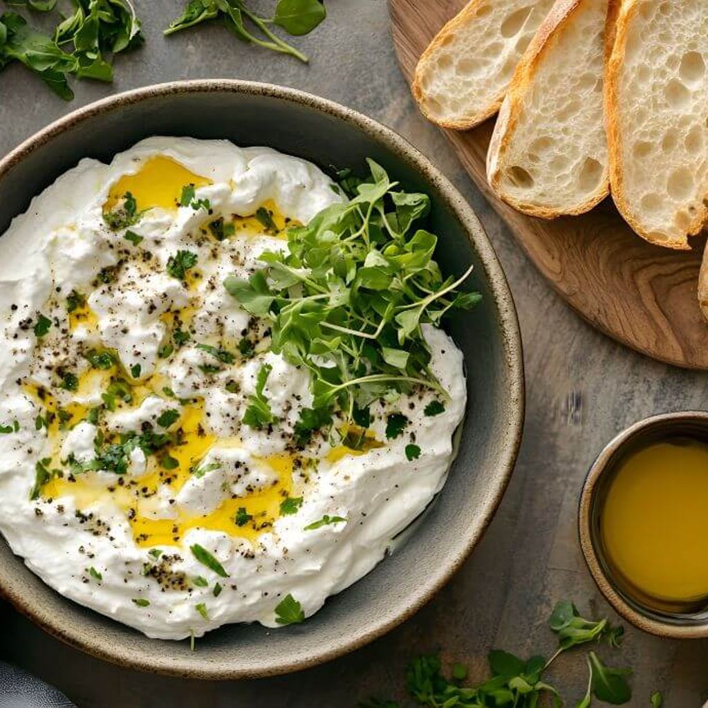 Whipped feta topped with olive oil and herbs, served in a ceramic bowl with fresh bread on the side