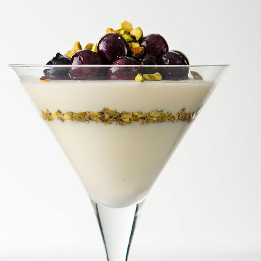 White Chocolate & Ricotta Mousse with Blueberry Sauce