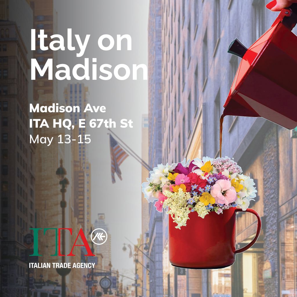 Italian moka pot pouring coffee over floral vase with New York skyline backdrop, symbolizing Smeg’s fusion of Italian culture and design in NYC.