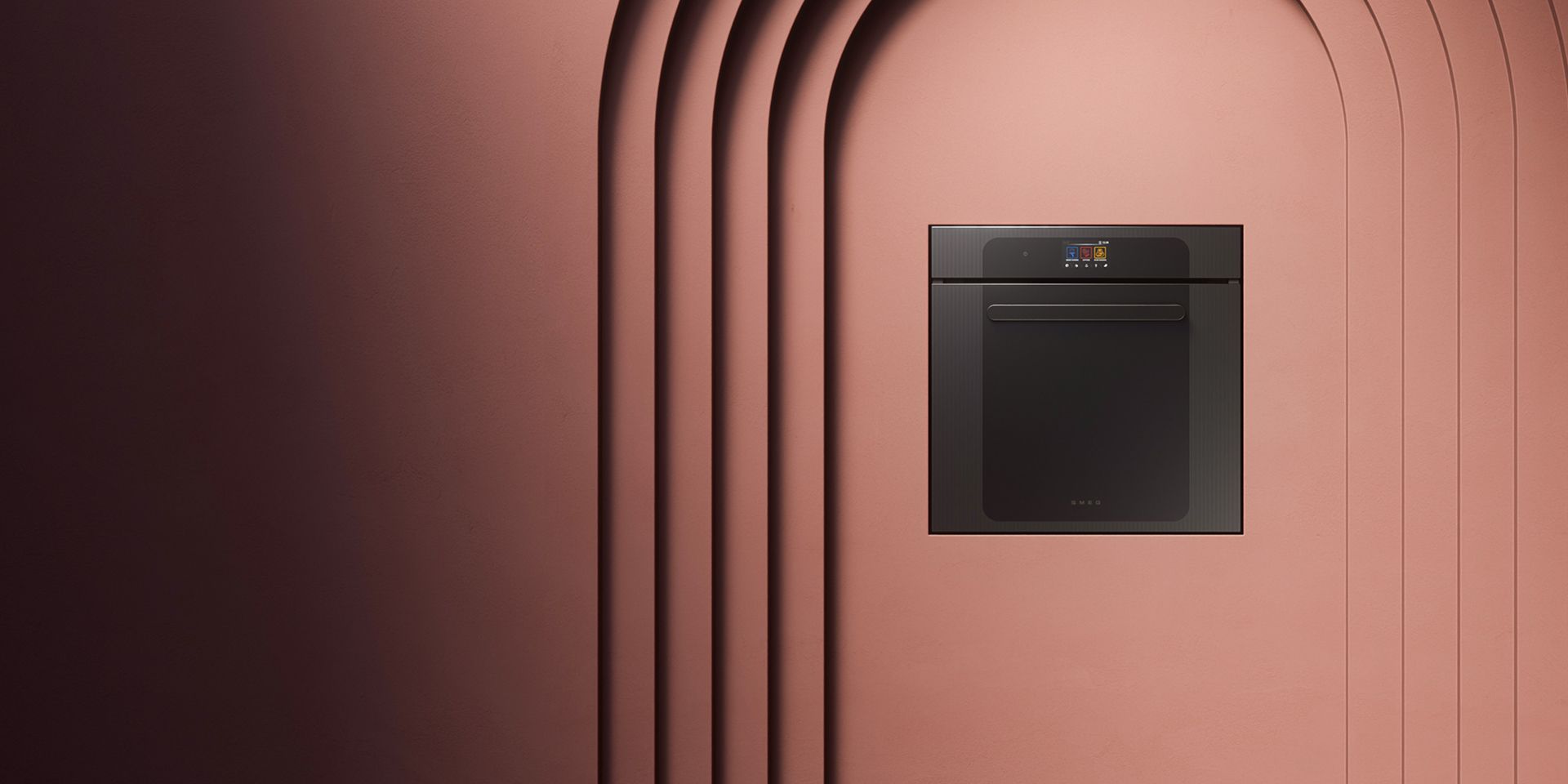 A sleek, built-in black oven installed in a terracotta-colored wall with minimalist architectural arches.