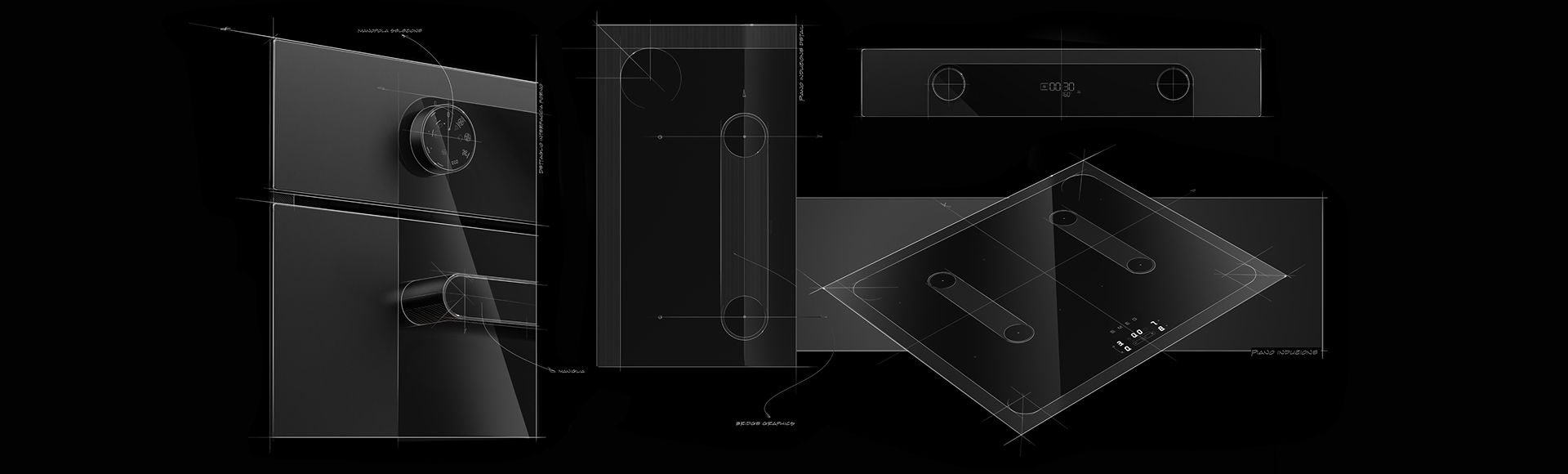 A dark graphic featuring technical design sketches of kitchen appliances, including an induction hob and an oven front. Minimalist white geometric lines and annotations are overlaid on glossy black surfaces to illustrate engineering and design details.