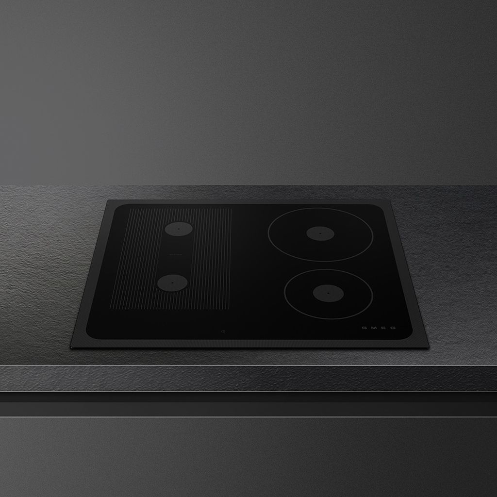 front-facing view of a Musa induction hob crafted in black glass and set against a dark, minimalist background.
